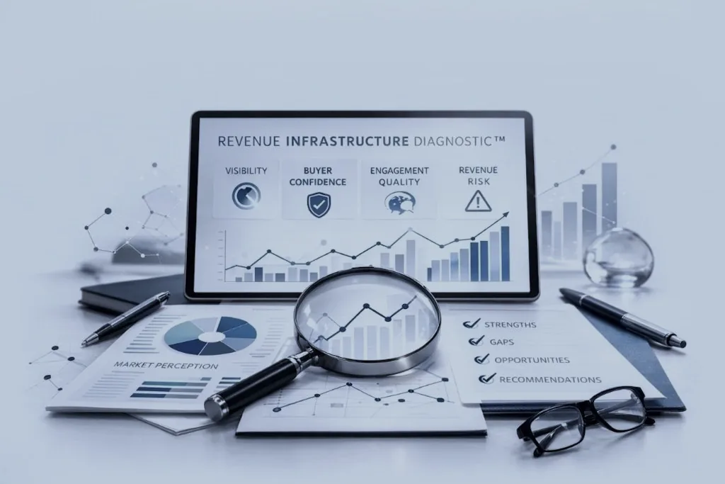 A Revenue Infrastructure Diagnostic report, open on a desk beside a five pillar scoring summary